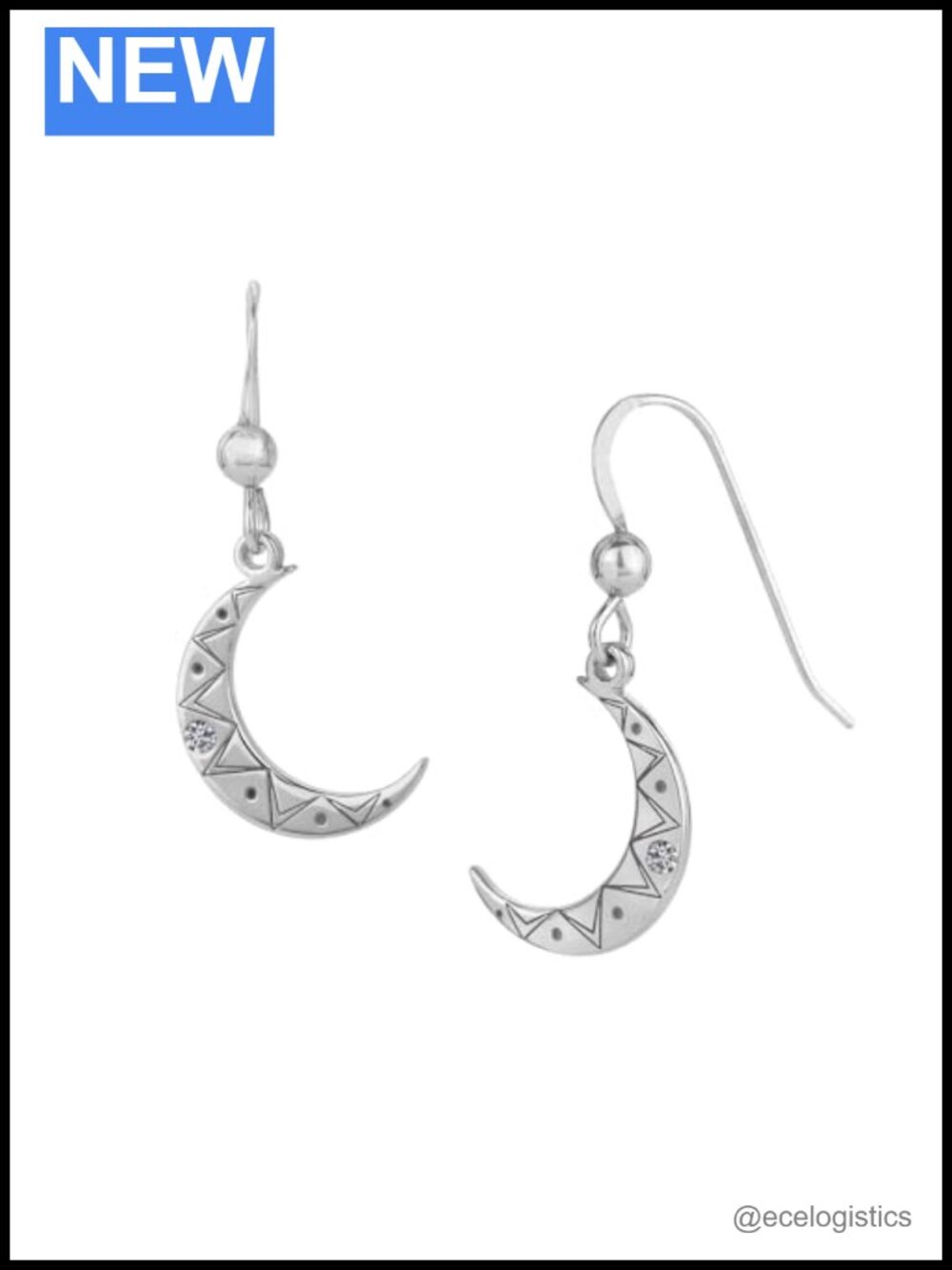Sterling Silver Bohemian Crescent Diamond Earrings Rhodium Plated